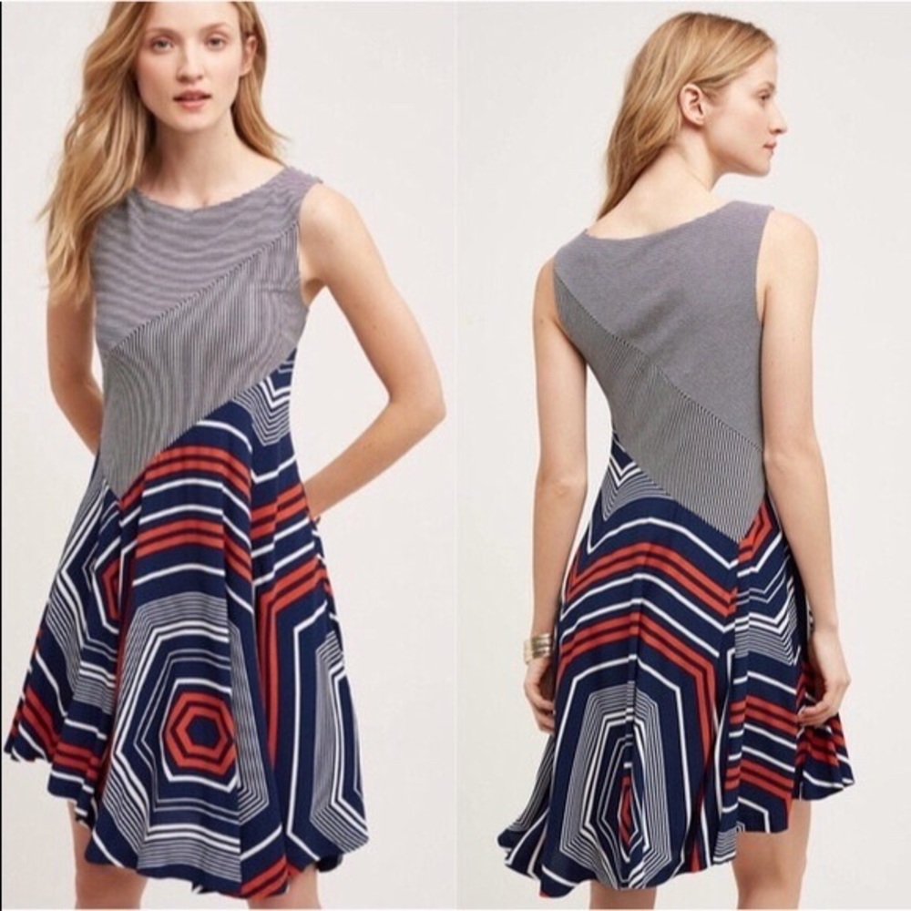 Maeve Navy, Red & Gray Asymmetrical Geometric Fit-and-Flare Dress
